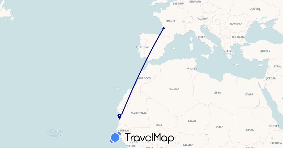 TravelMap itinerary: driving in France, Mauritania (Africa, Europe)